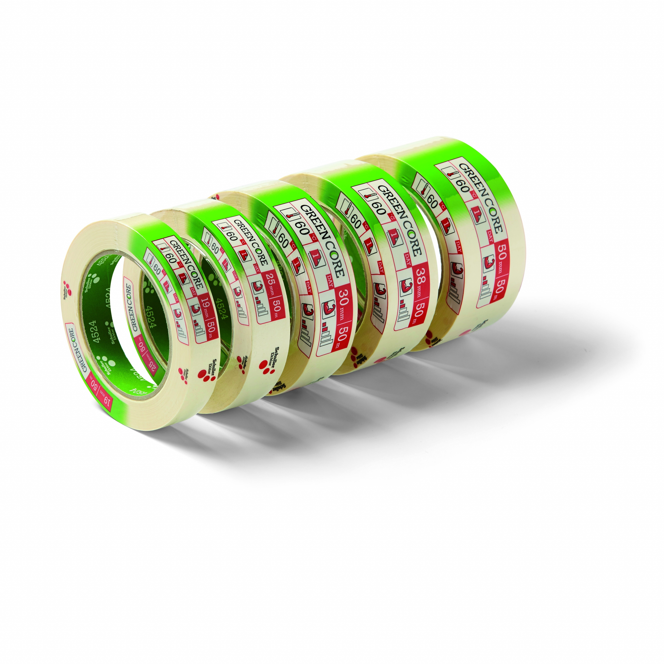 Schuller Abdeckklebeband GREEN CORE in allen verfügbaren Breiten für Maler- und Lackierarbeiten auf glatten Untergründen