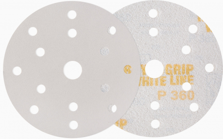 Indasa RHYNOGRIP WHITE LINE Schleifscheiben D150 15H – 150 mm, 15-Loch, Klett haftend, VPE 50 Stück für Trockenschliff