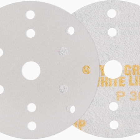 Indasa RHYNOGRIP WHITE LINE Schleifscheiben D150 15H – 150 mm, 15-Loch, Klett haftend, VPE 50 Stück für Trockenschliff